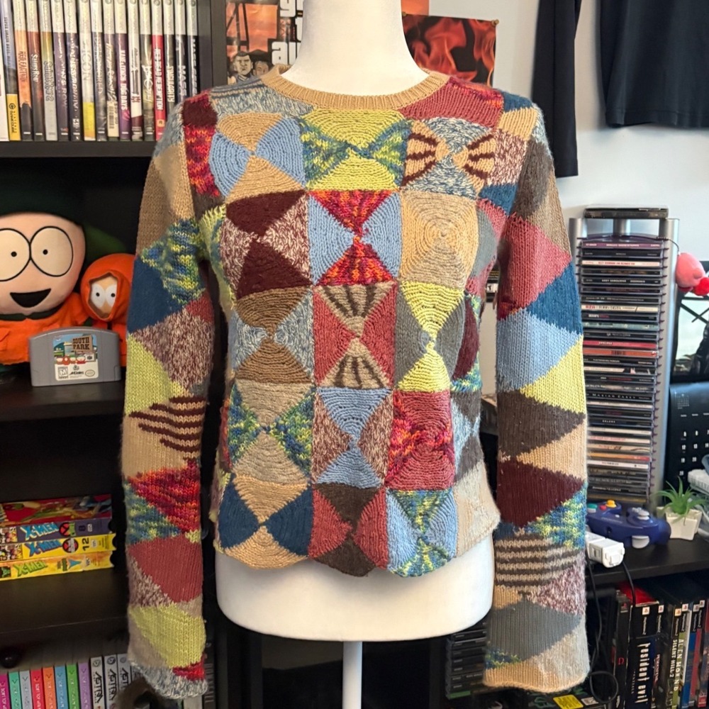 White + Warren Wool Angora Patchwork Knit Sweater Multicolor Geometric Womens M